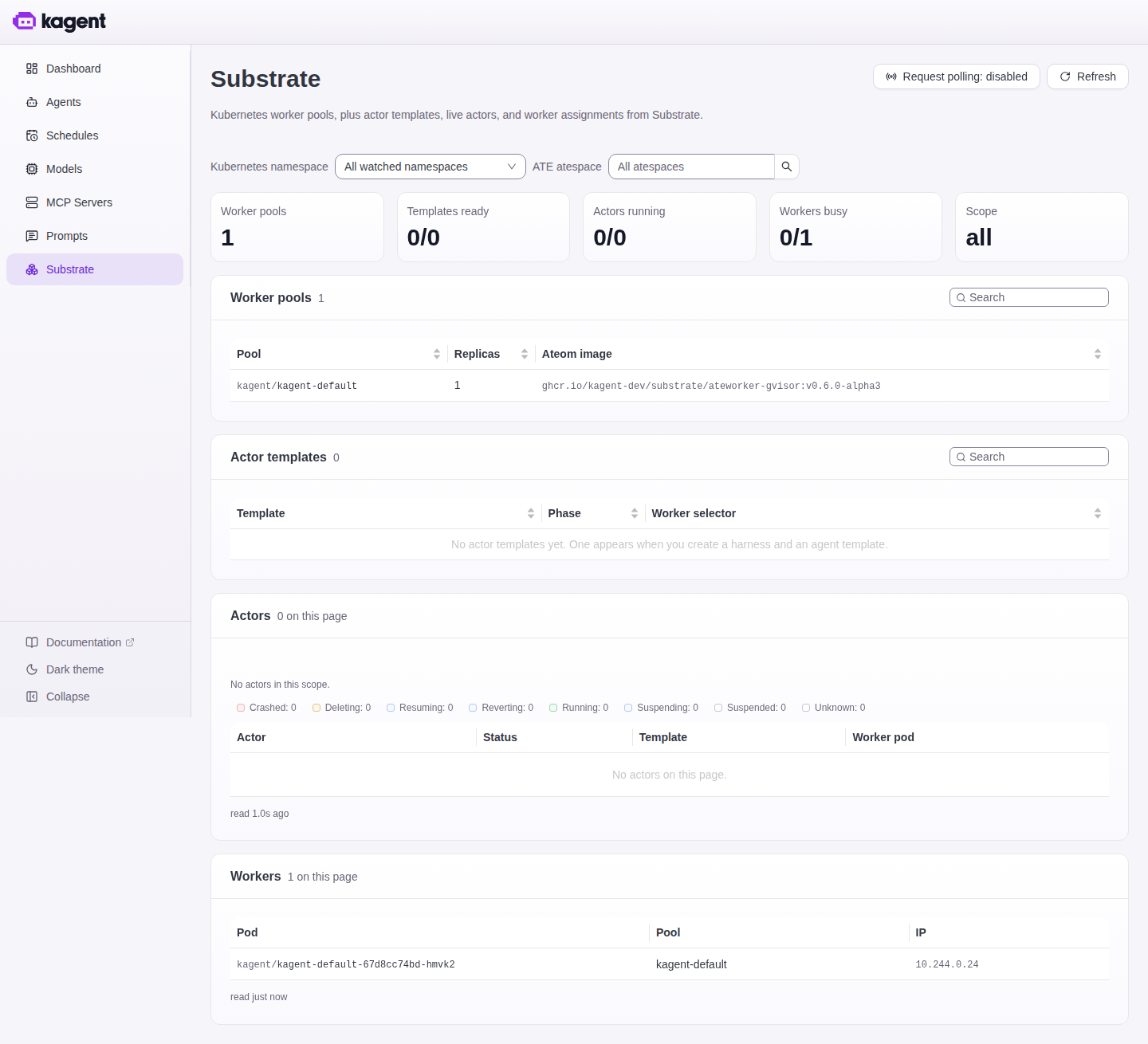 The Substrate page, showing one worker pool and no running actors